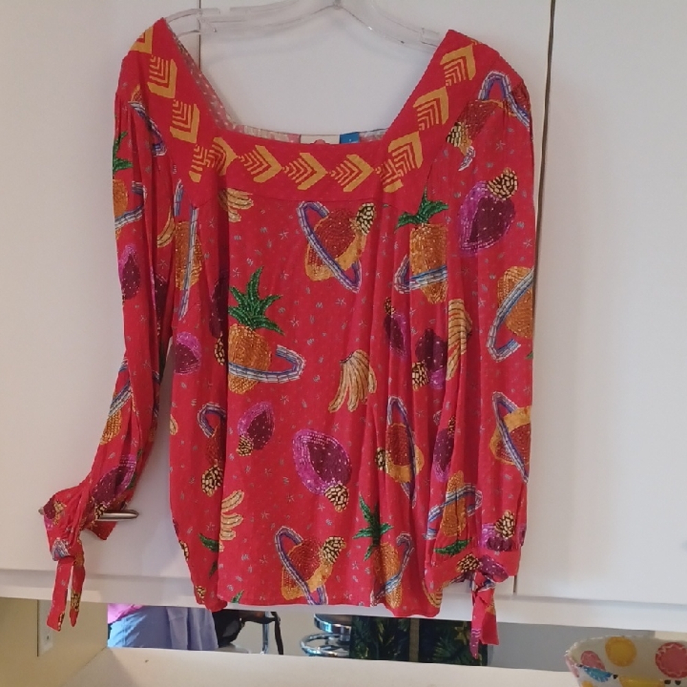 Anthropologie Orange Graphic Tie Front Long Sleeve Blouse Farm Rio